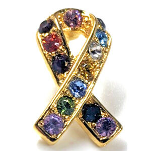 Olit USA Multi-color Crystal Awareness Gold Tone Ribbon Pin Blue Green Purple